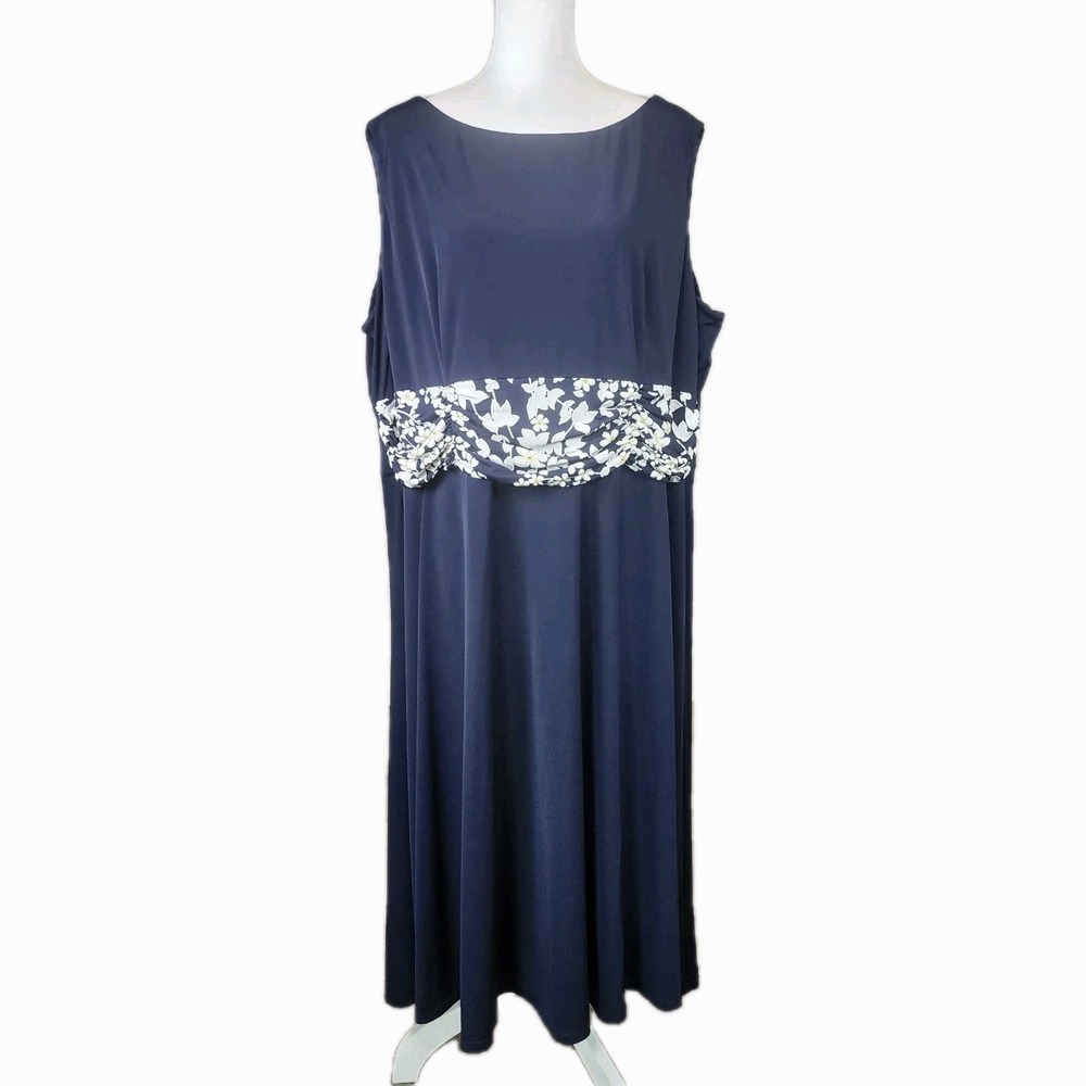 Jessica Howard Fit Flare Dress Women 24W Navy Floral Waist Ruching Casual Office